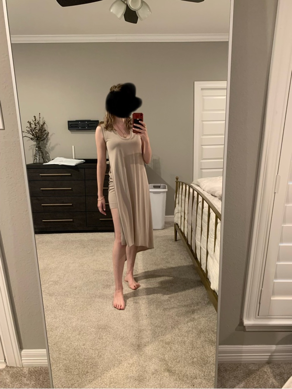 BCBG High-Low Slip Dress in Light Taupe